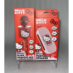 Sanrio Hello Kitty Bluetooth Red Portable Speaker & Bling Karaoke Mic Microphone